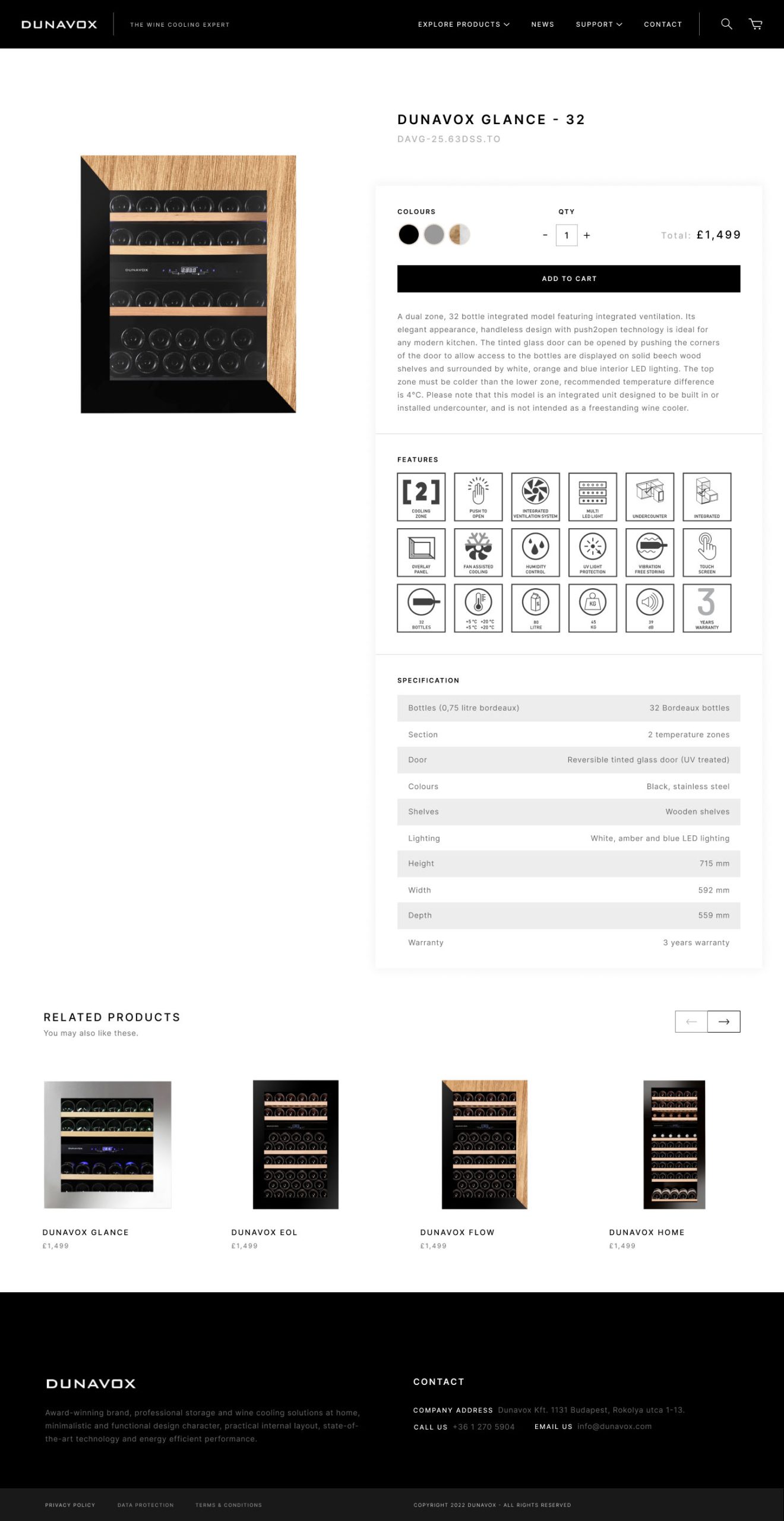 Luxury website design for premium wine cooler brand Dunavox by JW Designer. Custom designed product page with sticky product image and related products functionality.