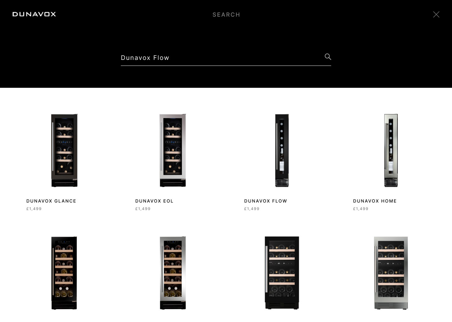 Luxury website design for premium wine cooler brand Dunavox by JW Designer. Custom search popup overlay with in-line search results.